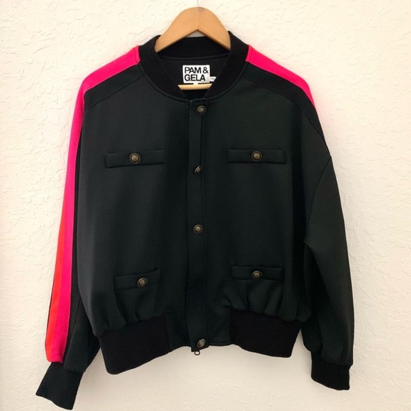 PAM & GELA Aviator Track Colorblock Striped Sleeve Bomber Jacket - Picture 6 of 13